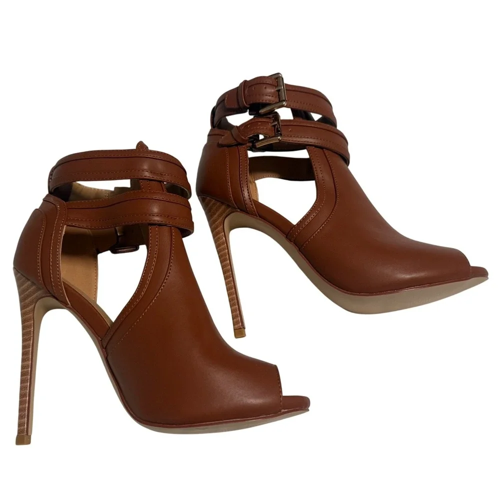Cognac Brown Peep Toe Stiletto Booties Double Buckle Ankle Strap Cut Out Size 10